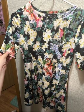 ASOS Black Floral Mini Dress with White, Green & Pink Accents